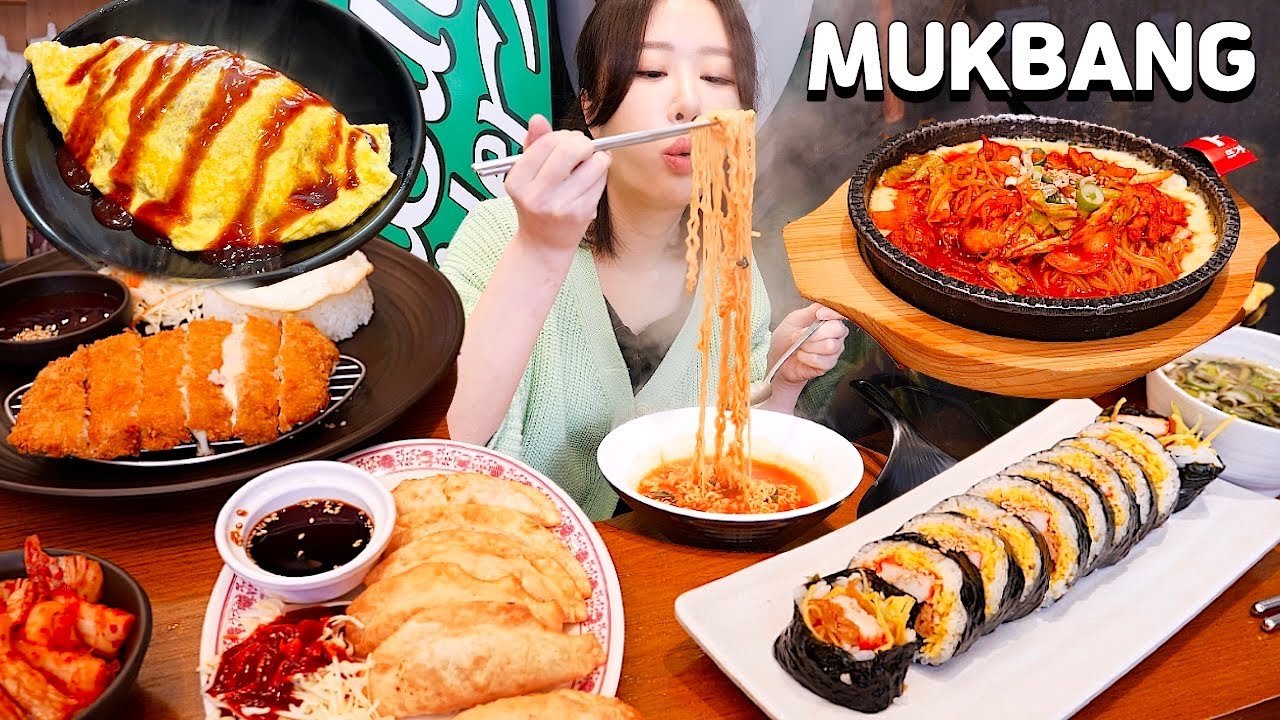 OUTDOOR MUKBANG 아침부터 김가네 털고왔어요!!!😘 치즈불닭쫄면, 치즈돈까스, 킹크래미와사비김밥, 라면, 오므라이스, 비빔만두 먹방&hearts;️ Korean snacks&hearts;️