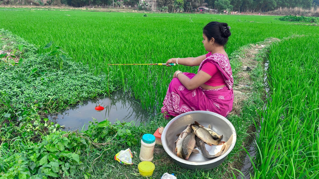 Lady Fishing Video🎣🎣|| Beautiful lady fishing in the paddy field Canal water with hook catch fish