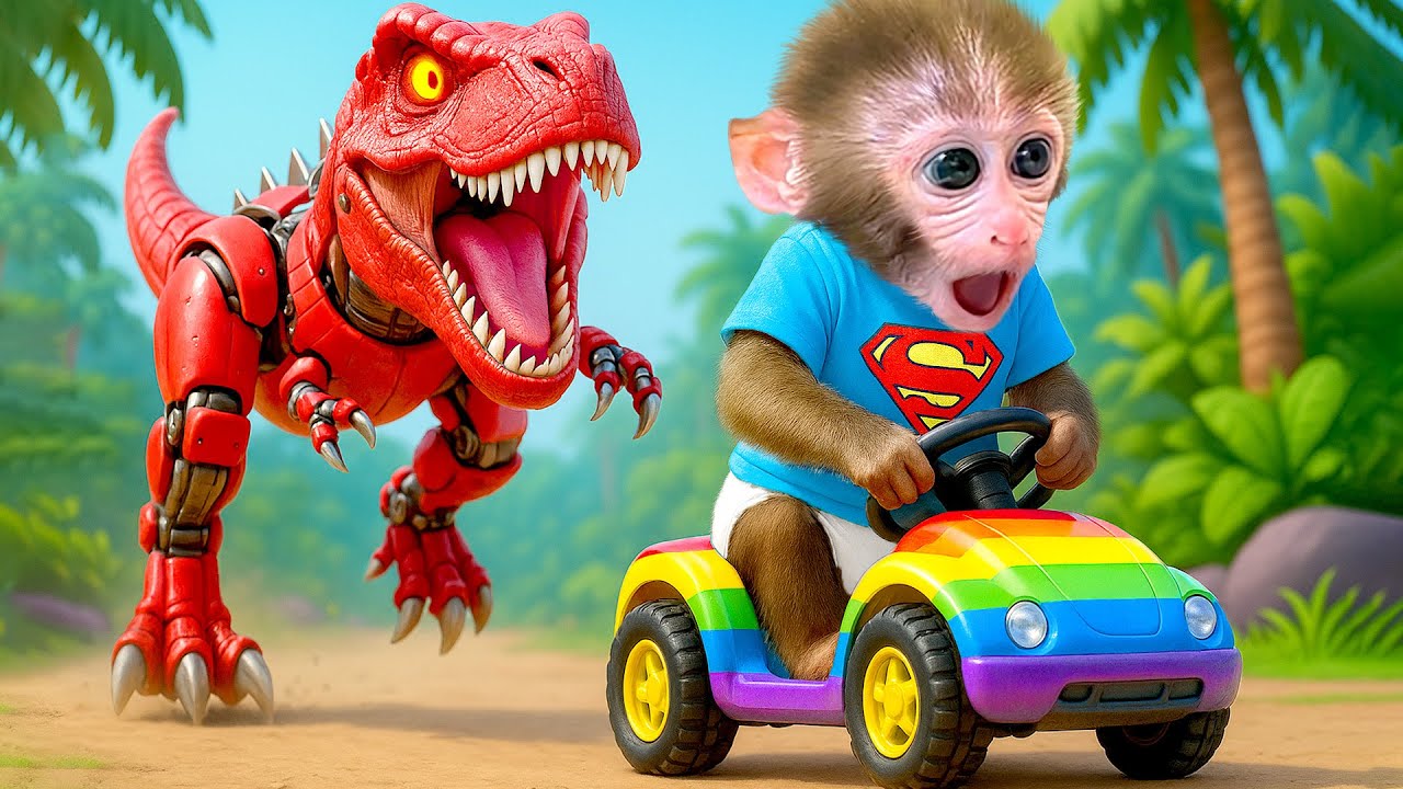 Mono Bon Bon roba huevos gigantes y escapa del dinosaurio prehist&oacute;rico T-Rex - Mono HT Esp