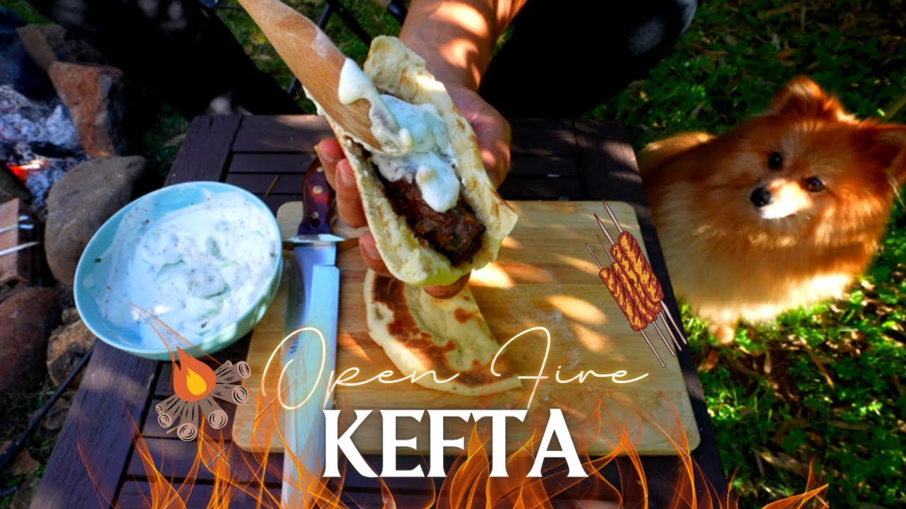 Outdoor Open Fire Cook! Kefta with home made Bread + Greek Salad!
