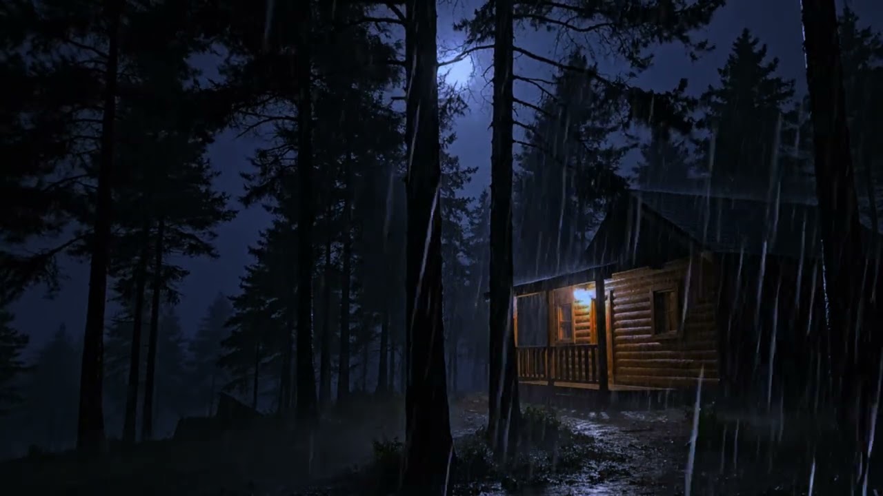 Stop Overthinking Tonight with Heavy Rain & Thunder on Wood Cabin in Pine Forest