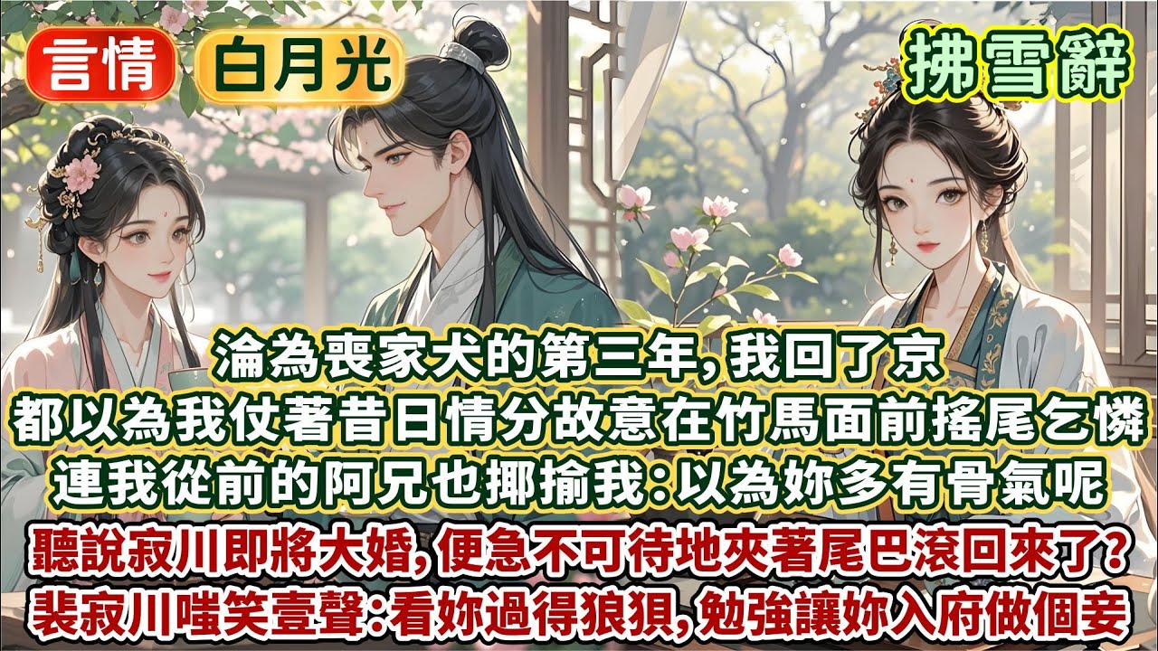 完結打臉文：淪為喪家犬的第三年，我回了京。世人皆以為我仗著昔日情分故意在竹馬面前搖尾乞憐。連我從前的阿兄也揶揄我：以為妳多有骨氣呢，聽說寂川即將大婚，便急不可待夾著尾巴滾回來了？不過是丟人現眼