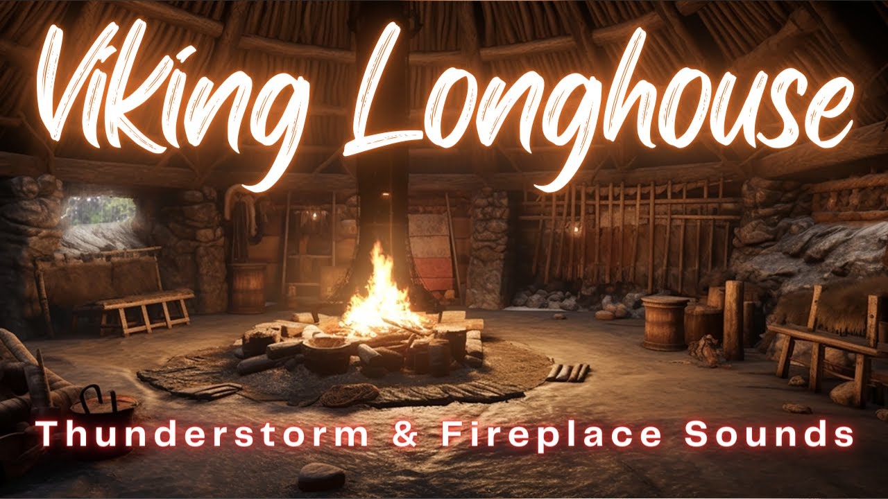 Rain ⛈️ thunderstorm & crackling fireplace 🔥 ambience SOUNDS inside a traditional VIKING LONGHOUSE