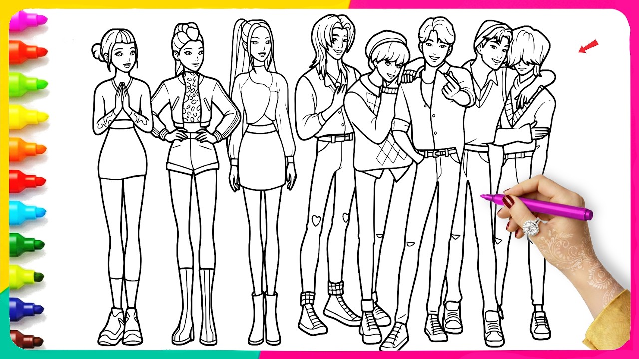 Coloring HUNTRIX GIRLS & BOYS moment - KPop Demon Hunters New Coloring Pages  Satisfying Coloring