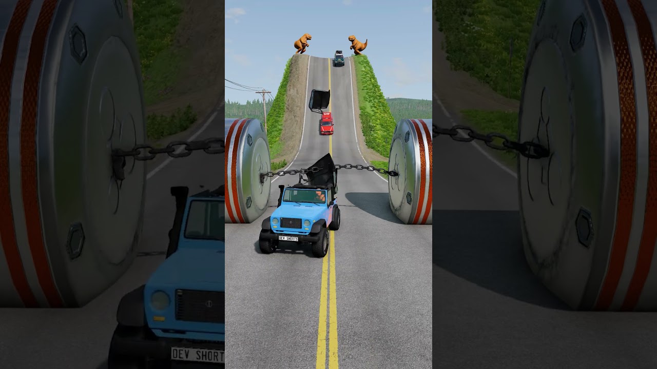 Cars & School Bus vs Chained Hydraulic Bollards Crush #3 - BeamNG.Drive