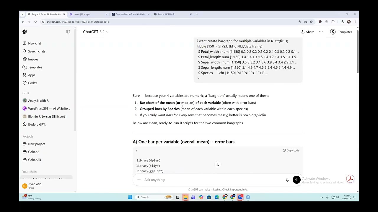 Batch 110/111: Use of Ai  for R script generating bar plot for multiple variables