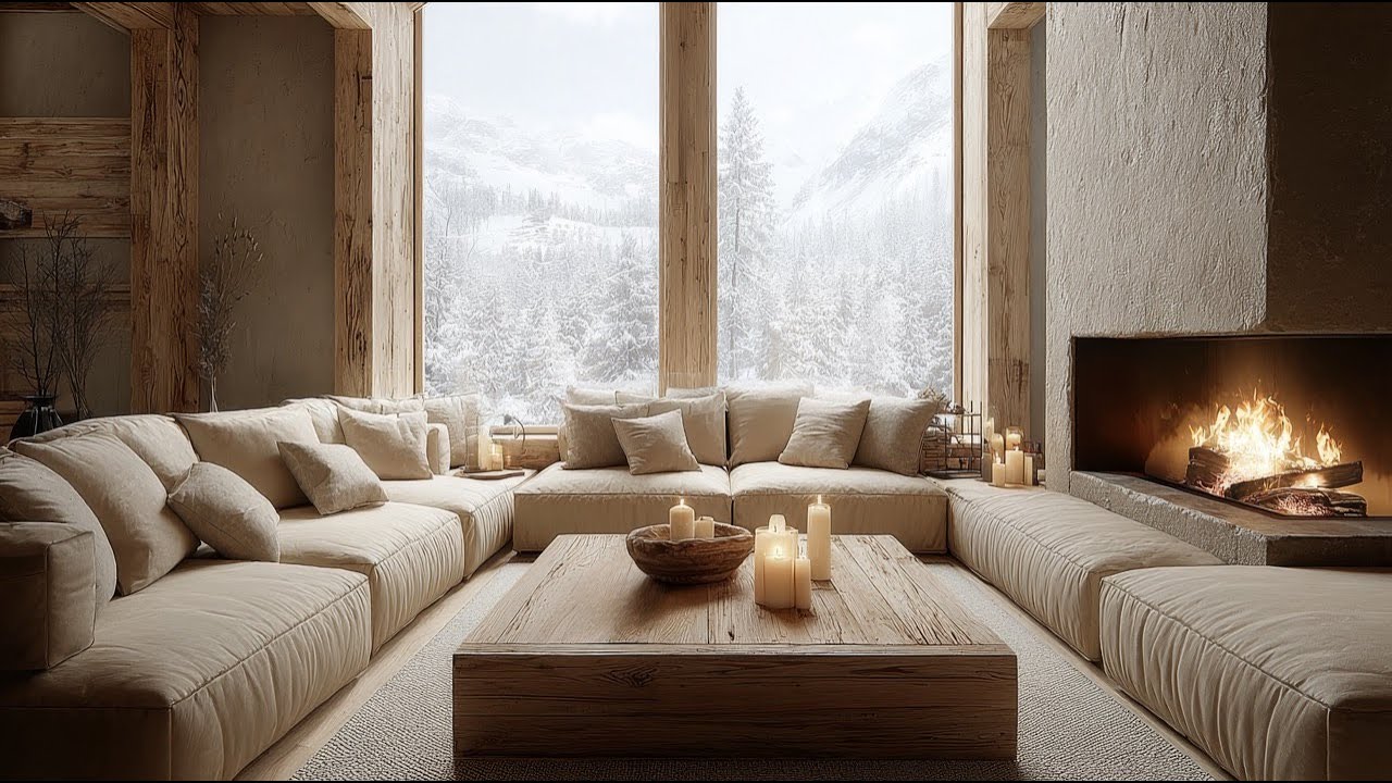 Luxury Winter Lounge Ambience ❄️ Fireplace & Snow View (No Music) | Calm Evening Relax 3 Hours