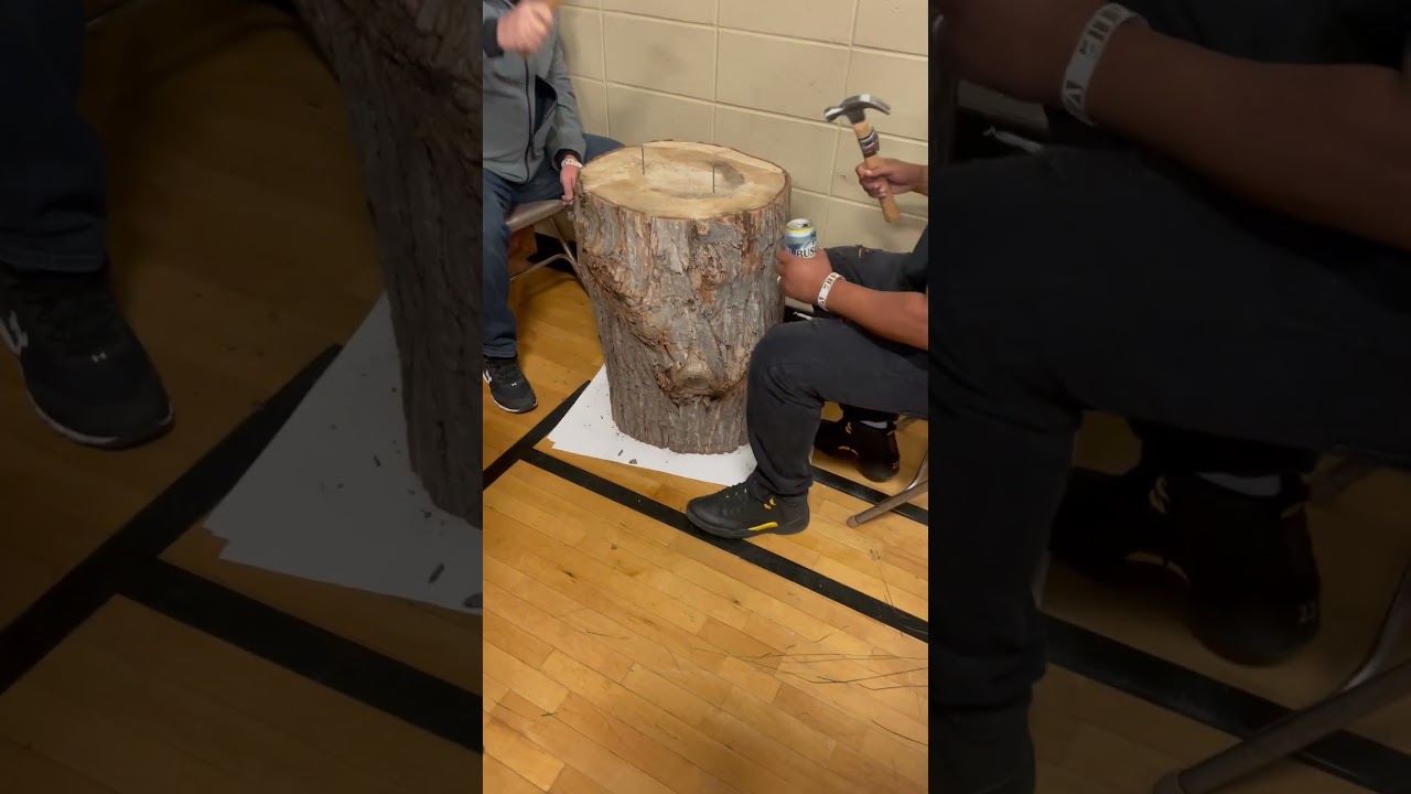 Hammering a nail into a wood log competition, stage and doe game #rockpaperscissors  #staganddoegame