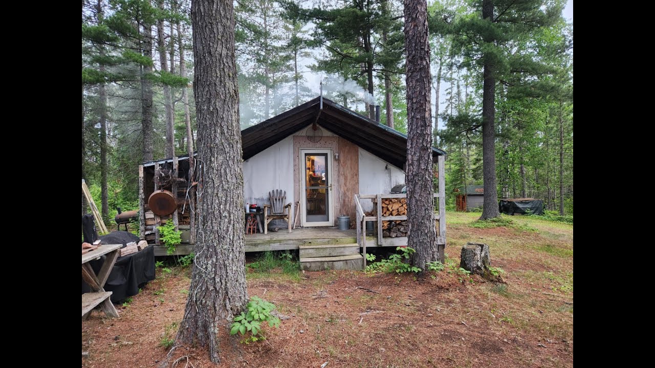 THE TENT. Cutting storm damage trees. Mowing. Helping Dad at the Backwoods Cabin. Campfire Cooking.