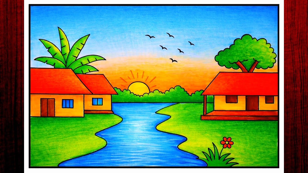 Simple village scenery drawing/How to draw village scenery/Koushole Deisso aka sikhun/Easy Technique