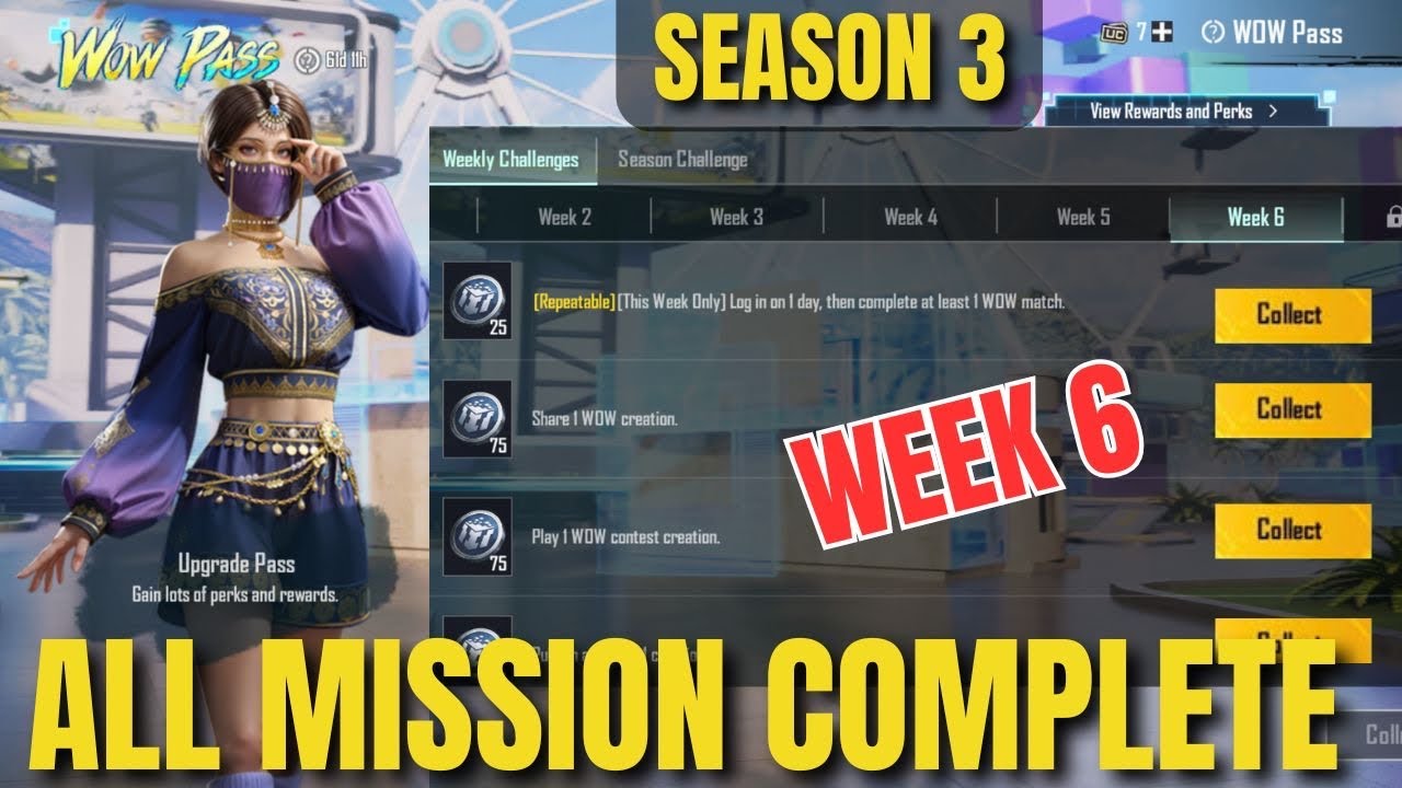 WEEK 6 WOW PASS ALL MISSION COMPLETE PUBG MOBILE & BGMI | WEEK 6 UNLOCK WOW PASS