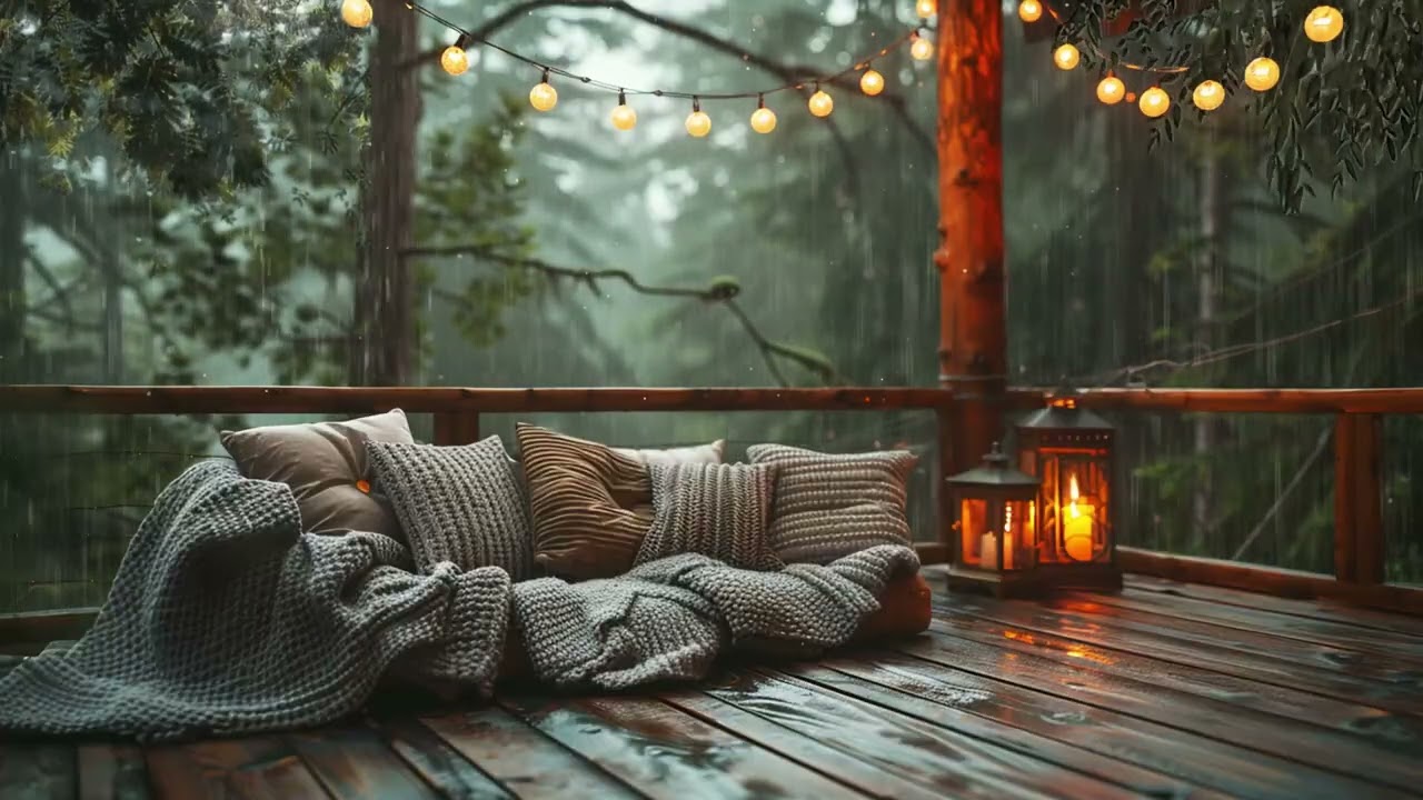 ASMR Rain Drifting Across a Winter Forest Balcony with Soft Candlelight Glow