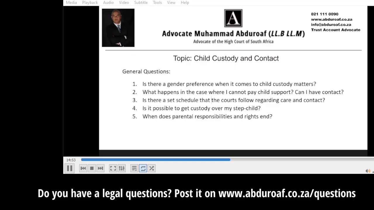 Child Custody,  Maintenance, Divorce Relocation, Consent - Family Law with Adv. Muhammad Abduroaf