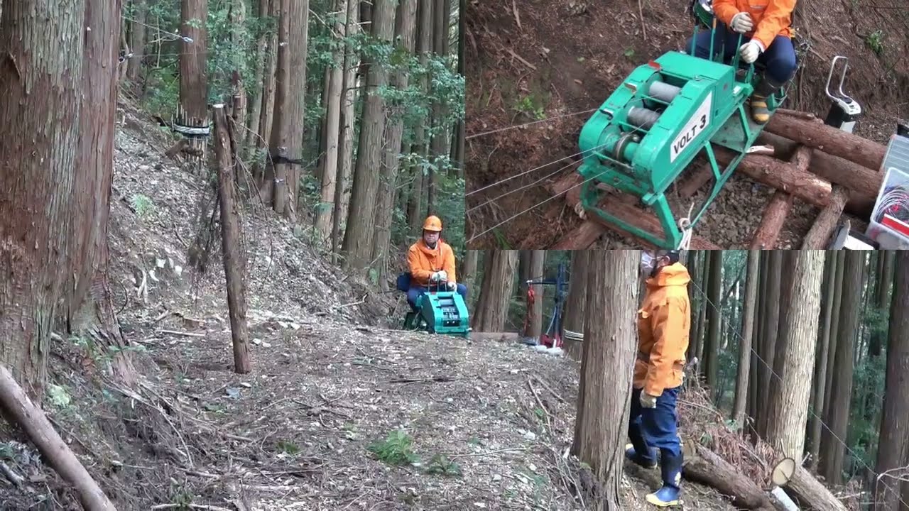 ミニ集材機による架線集材作業