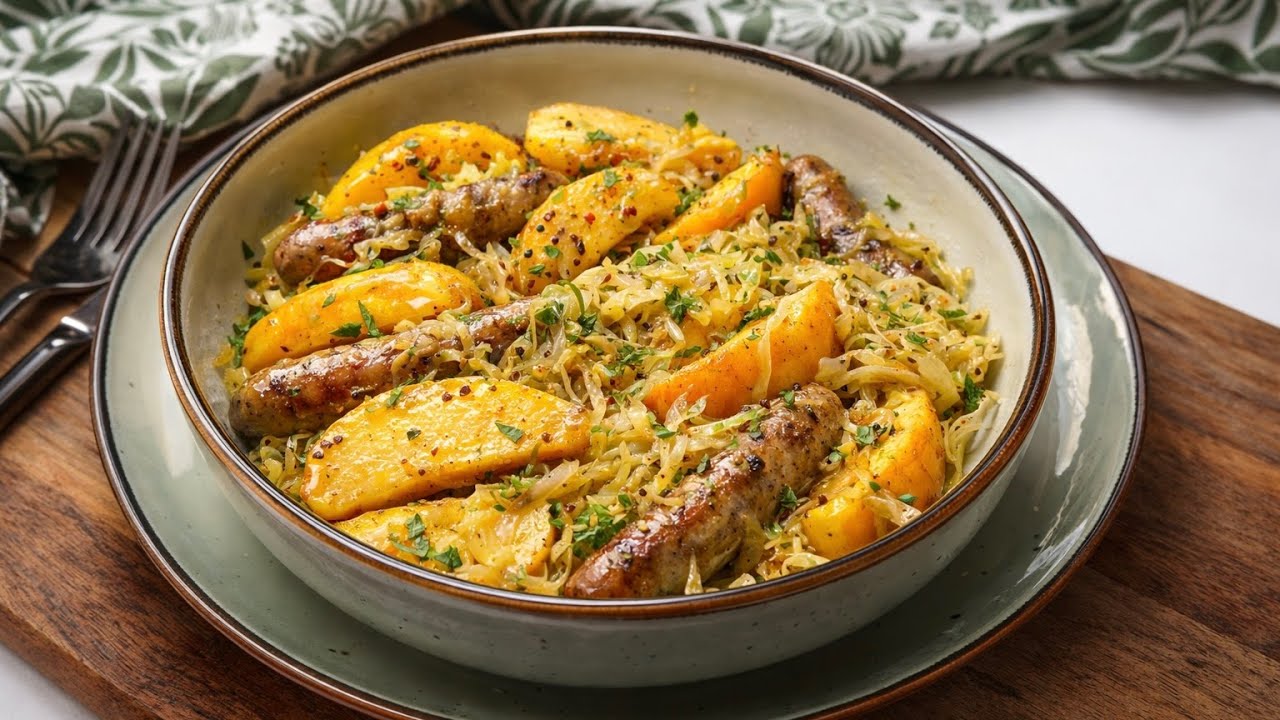 Super Quick Bavarian Cabbage with fried Sausages and Apples 