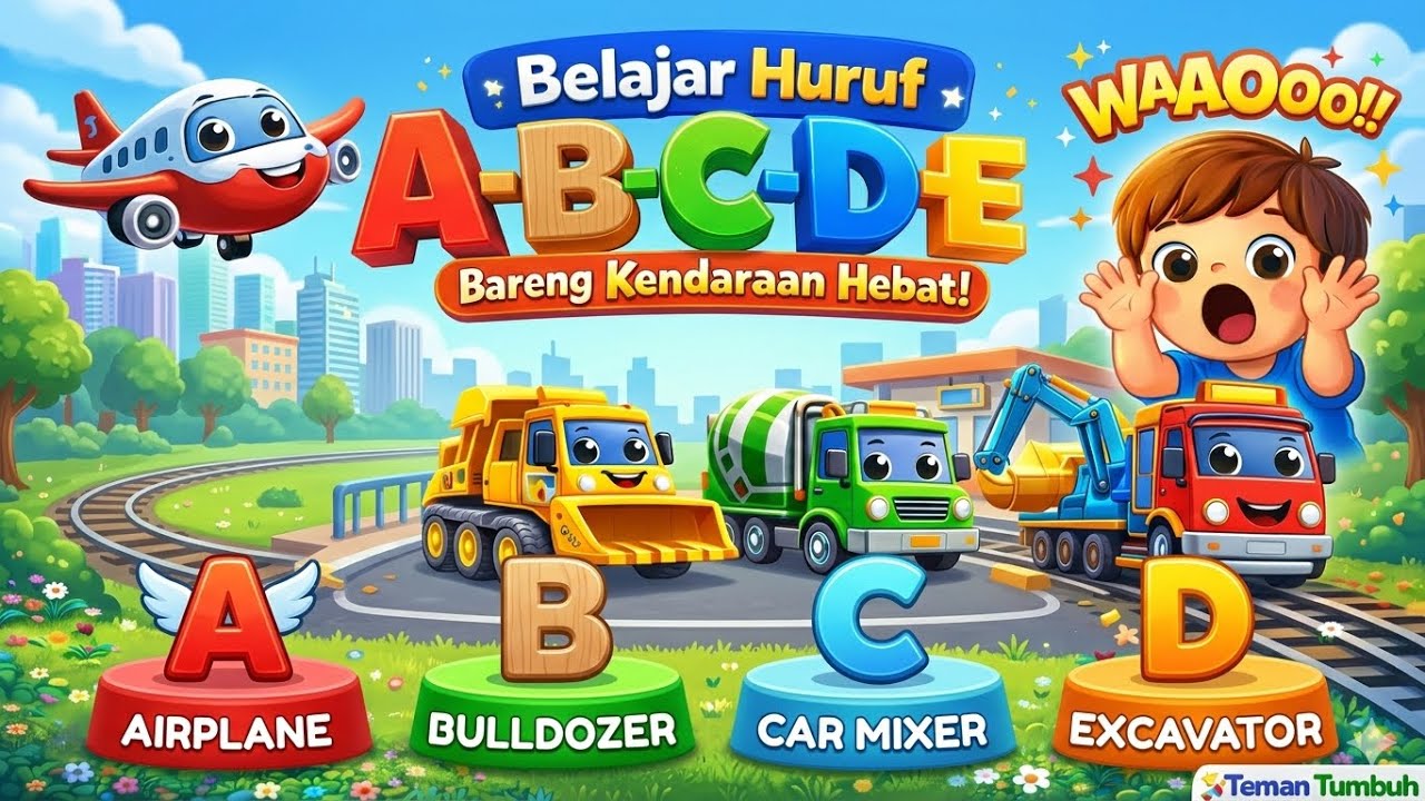Belajar Huruf A-E Jadi Seru! Ada Ambulans & Exavator!