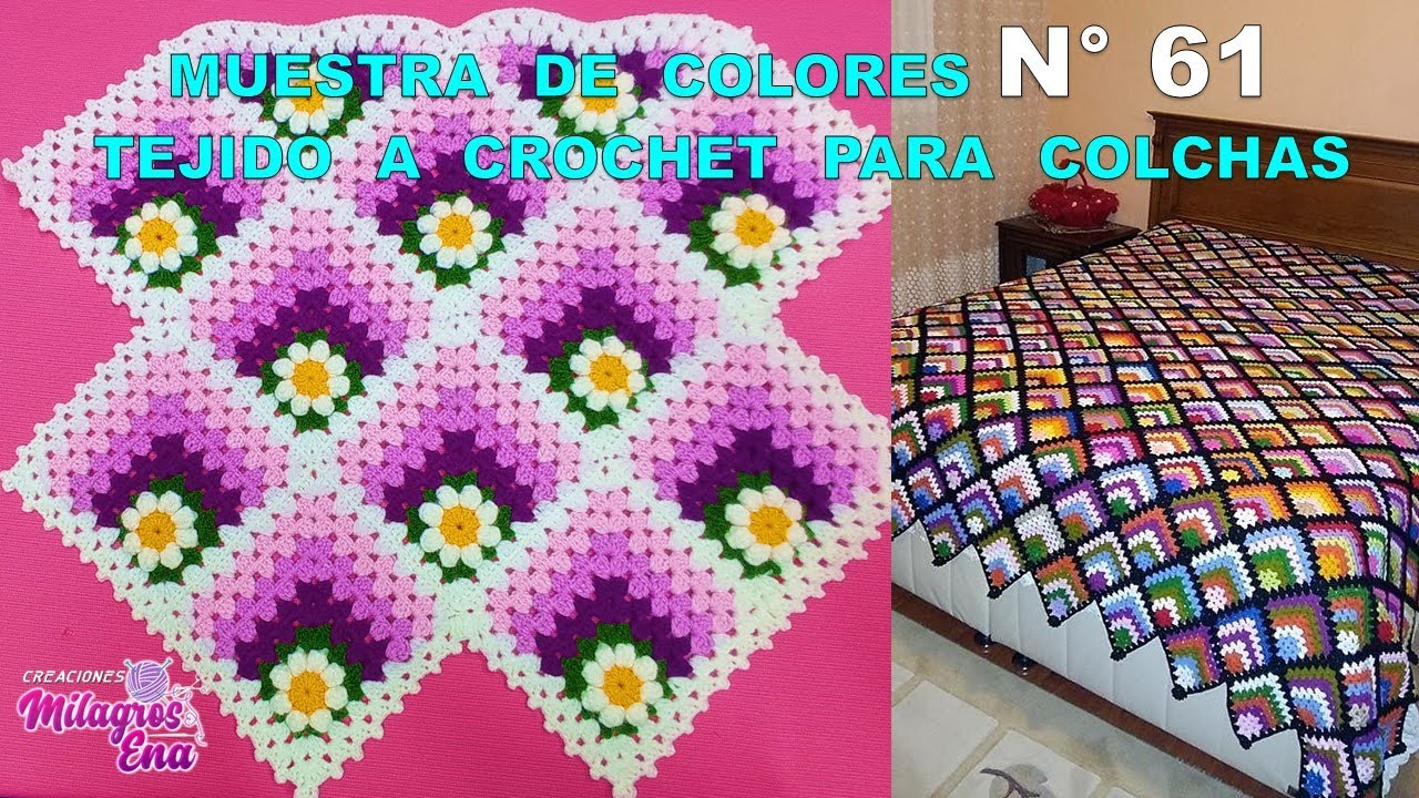 Como tejer el Cuadrado o muestra de colores N° 61 con flores tejidos a crochet para colchas
