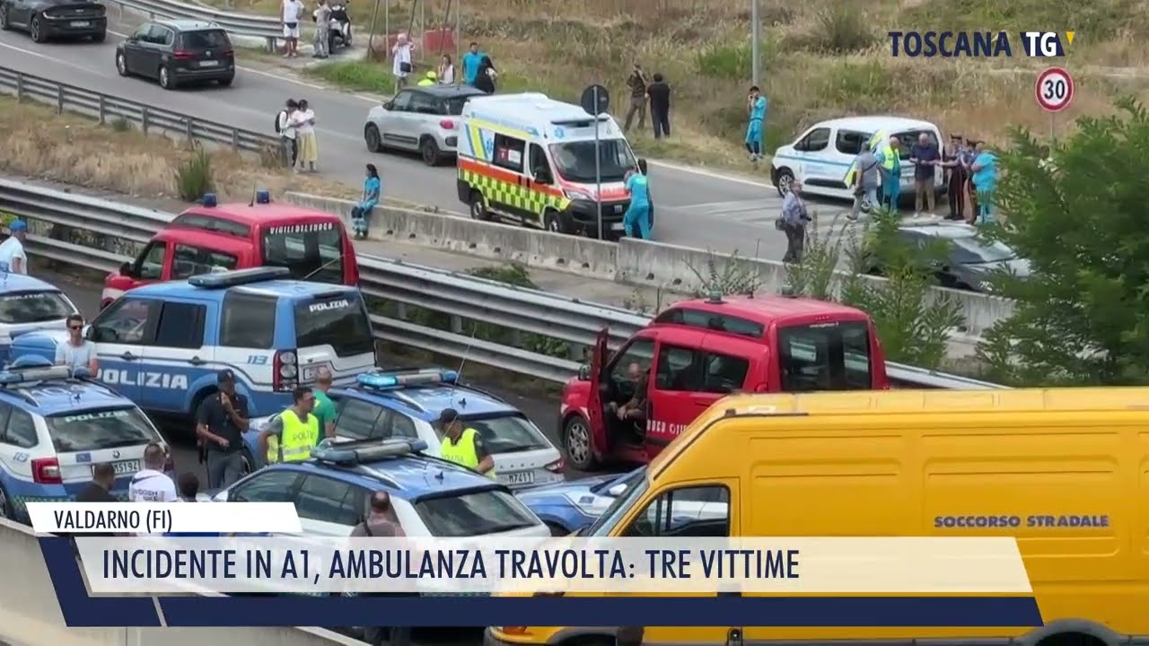 2025-08-04 VALDARNO (FI) - INCIDENTE IN A1, AMBULANZA TRAVOLTA, TRE VITTIME