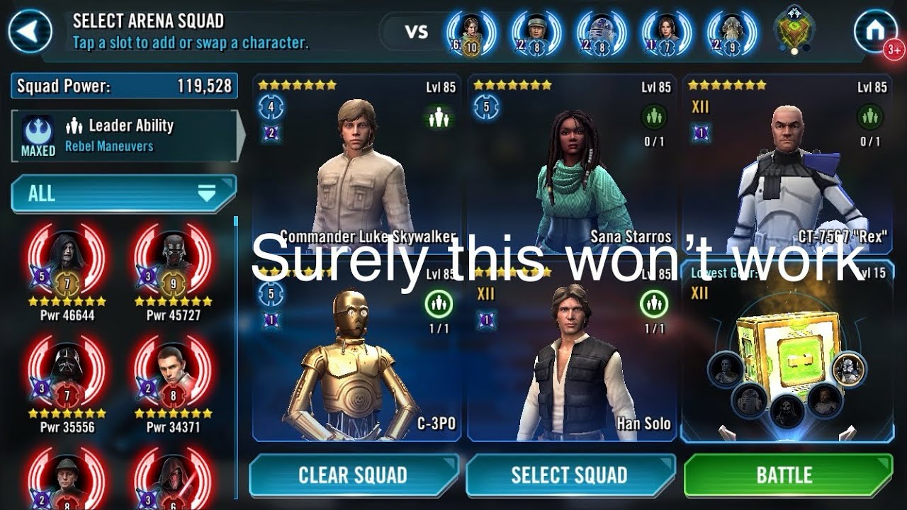 How low can you go with Sana Starros? |5v5 Squad Arena SWGOH|