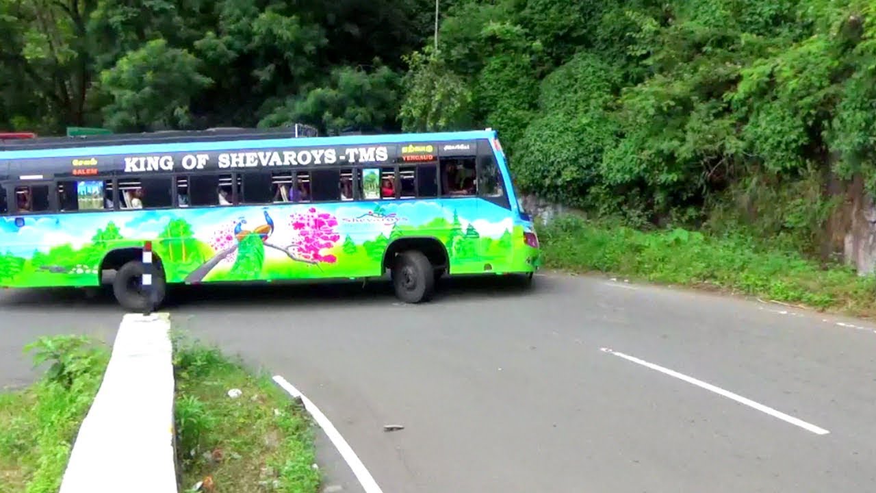 Private Bus And Car Turning 11/20 Hairpin Bend Hills road Salem Yercaud Hills