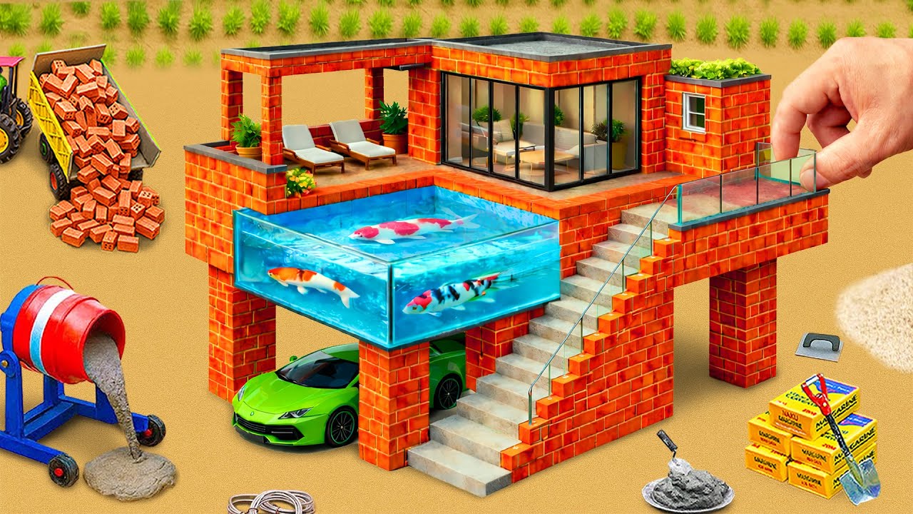 Experiment: DIY Mini Truck Build Brick House with Rooftop Fish Pond | Construction Science Project