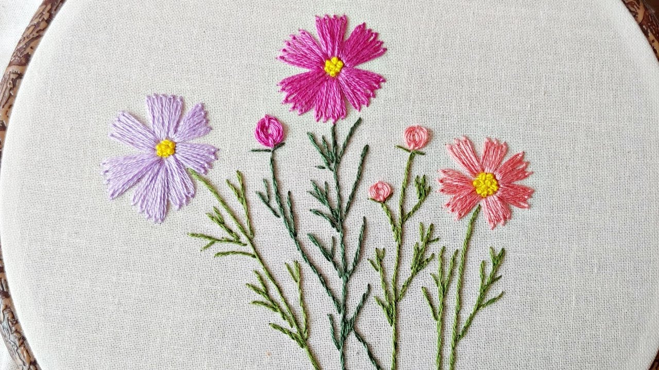 [프랑스 자수]코스모스 자수 Cosmos Flower Embroidery. 야생화자수/레이지데이지 스티치 / 도안제공 Provide design