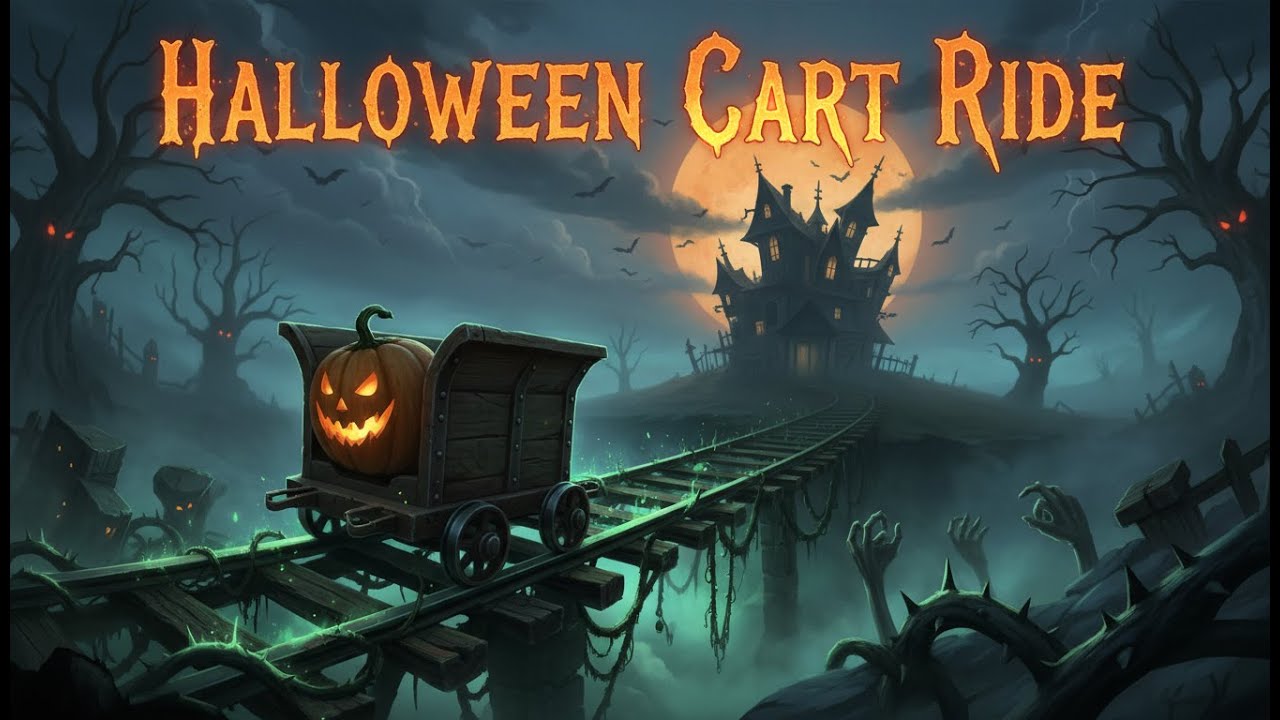 Scary Halloween Cart Ride! Travel through a Graveyard and Haunted House. 3D world, First Person POV.