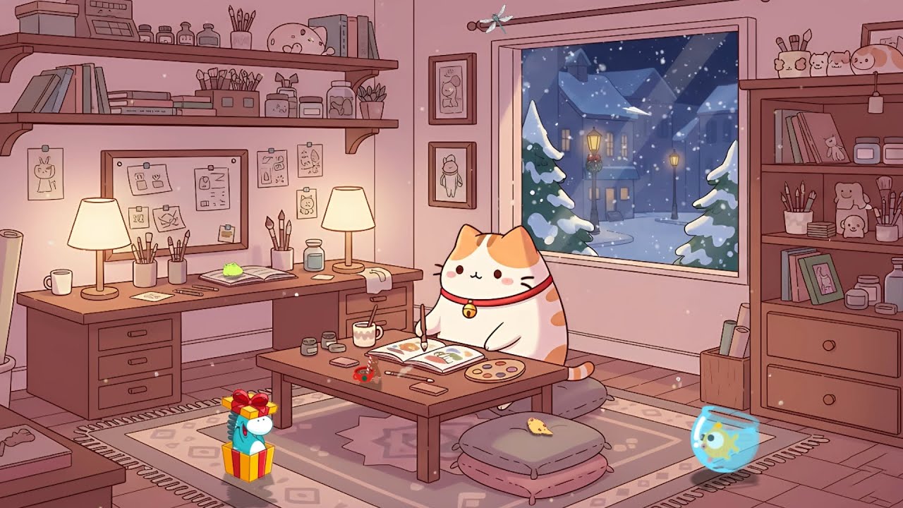Painting with Cloudy Cat's 🎨 Cozy Winter Lofi 🖌️ Chill Beats to Focus & Study