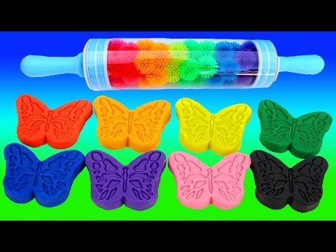 Modelling Clay Learn Colours with Play Doh Butterfly Mold and Pacman Rainbow Roller Pin