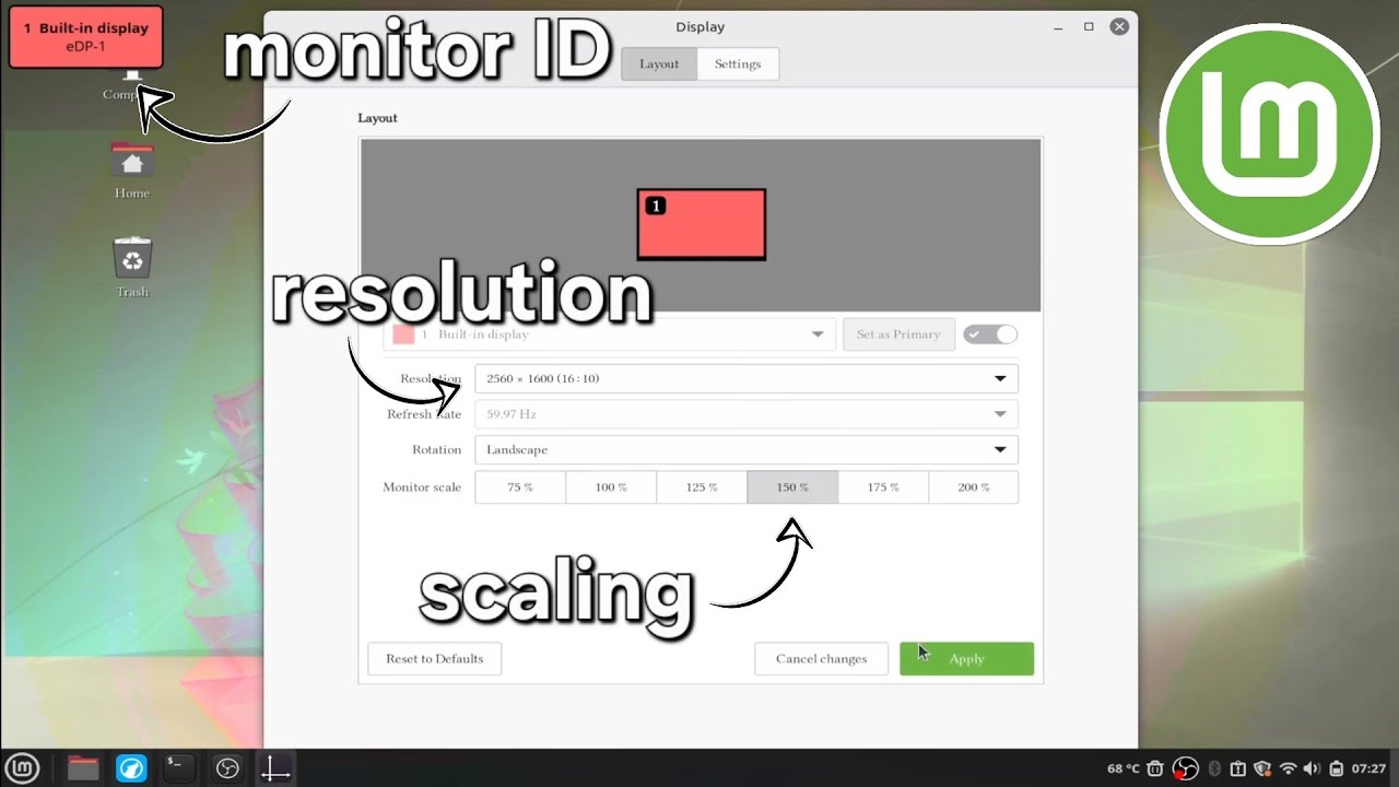 Как изменить разрешение и масштаб/размер экрана в Linux Mint