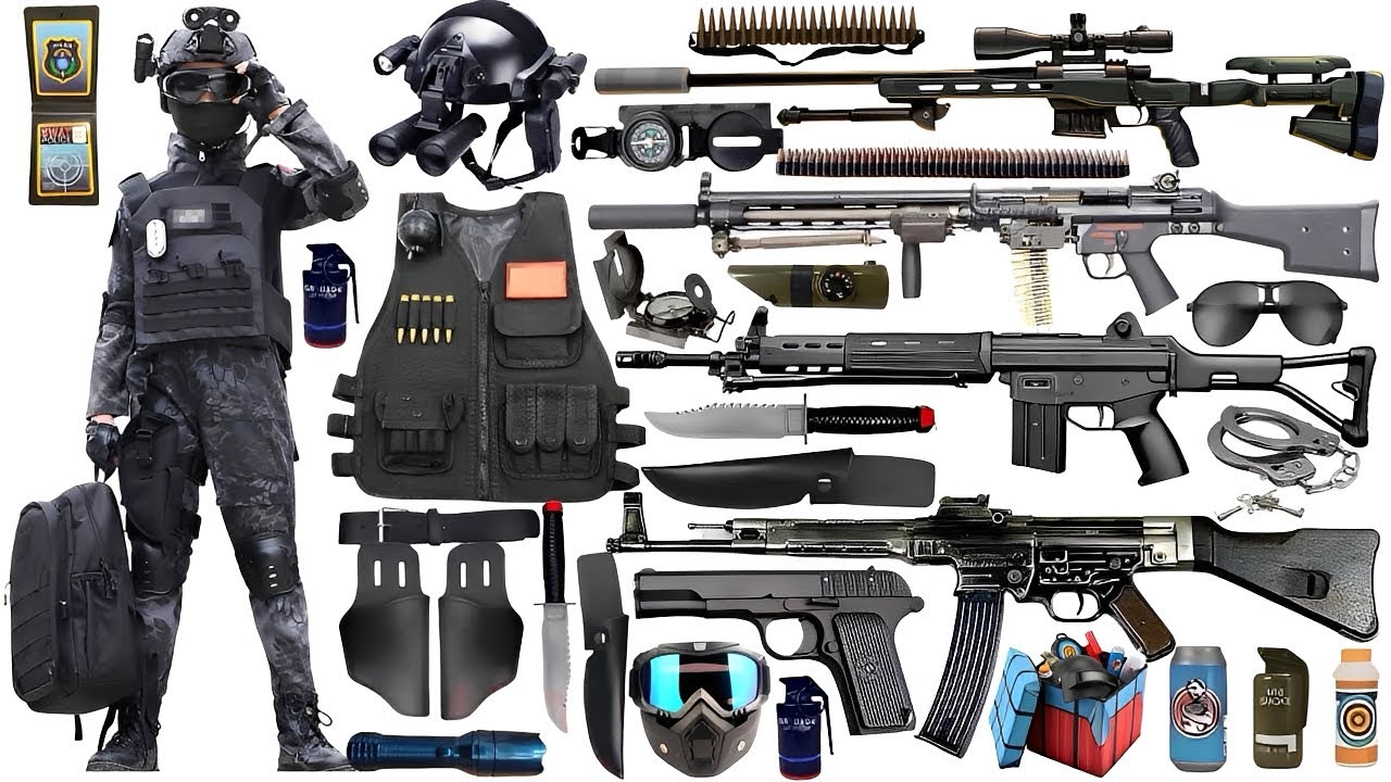 Special Forces military toy gun set unboxing, Assault rifle, tactical helmet, MG36 machine gun, bomb