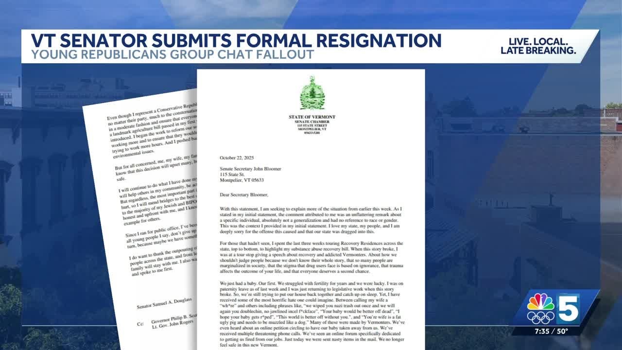 Vermont state senator Samuel Douglass formally resigns following leaked group chat