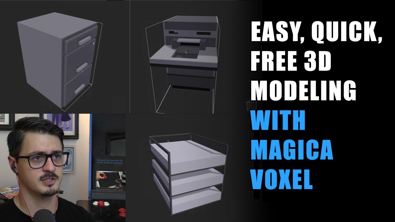 Easy, quick, free 3D modeling with Magica Voxel - filing cabinet, 70s fax/printer, and paper tray
