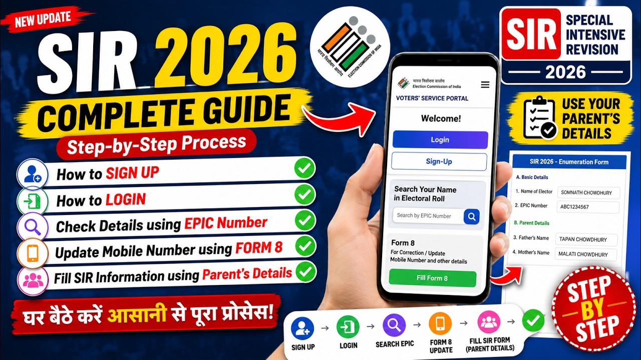SIR 2026 Full Guide | Login, EPIC Search, Form 8 Mobile Update & Parent Details | Step-by-Step