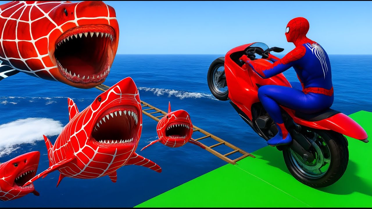 الأبطال الخارقين على دراجة نارية - Superheroes on a motorcycle against spiders with sharks GTAV