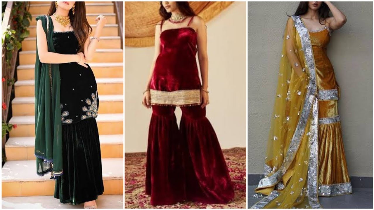 Beautiful & Gorgeous Velvet Sharara Dresses Designs For Party & Function/Velvet Sharara Collection.