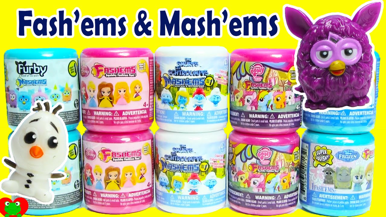 Fashems and Mashems including Furby, My Little Pony Series 3, Frozen, and Disney Princess