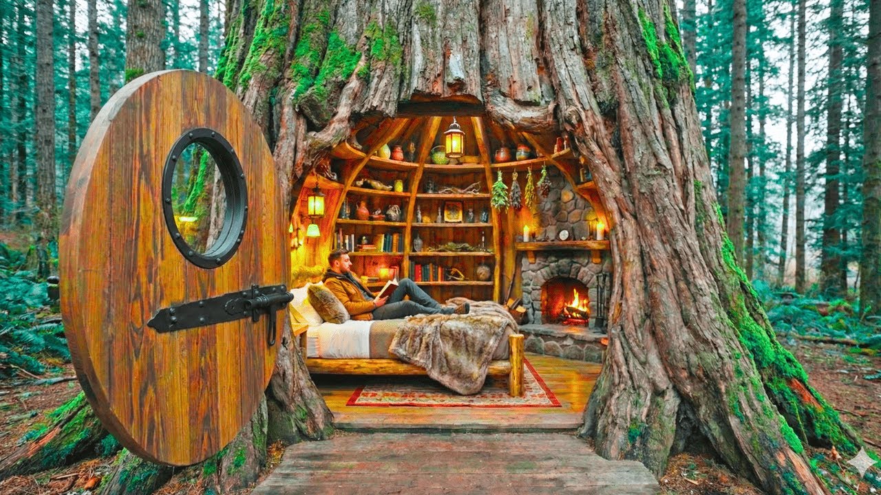 Forest Build (ASMR) This Man Carves a Mini Room Inside a Living Ancient Tree