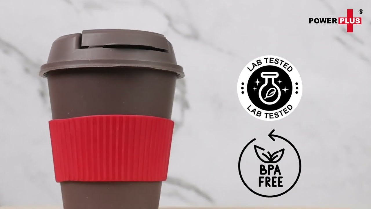 Bamboo Dark Coffee mug: Eco friendly mug with flip top Lid and Anti-Scald sleeve by Power Plus