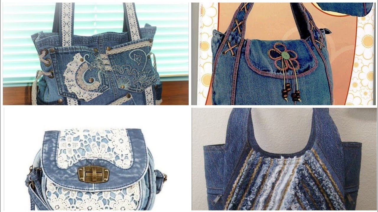 denim jeans bags with laces/embroidery/patchwork/pocket work #denim #stylish #bags