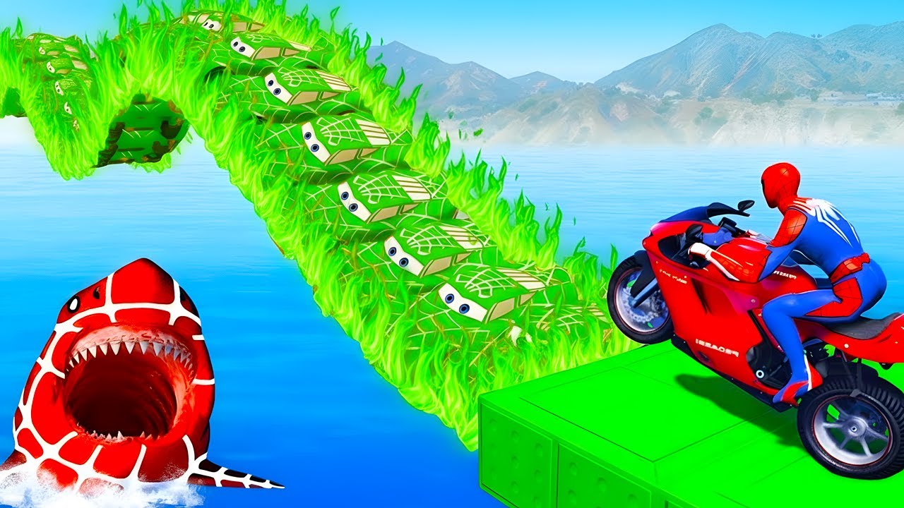 Spider-man rescues Superheroes on Motorcycle in Rainbow MCQUEEN Bridge | GTA ProGamer