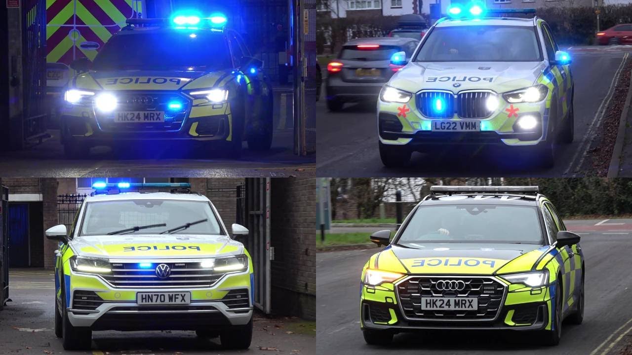 Emergency vehicles from Hampshire and IOW Constabulary leaving and entering Havant Police Station