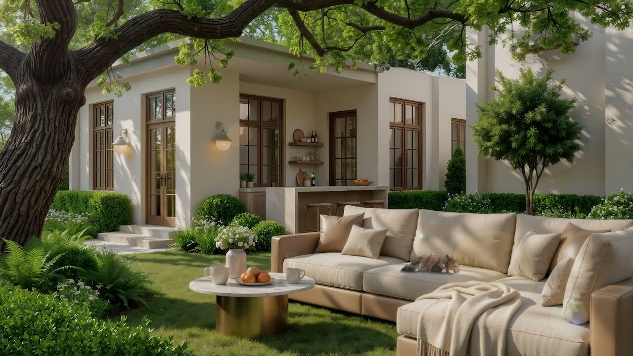 Relaxing Outdoor Cafe Music For Stress Relief | Beautiful Courtyard With Gentle Jazz To Calm Mind