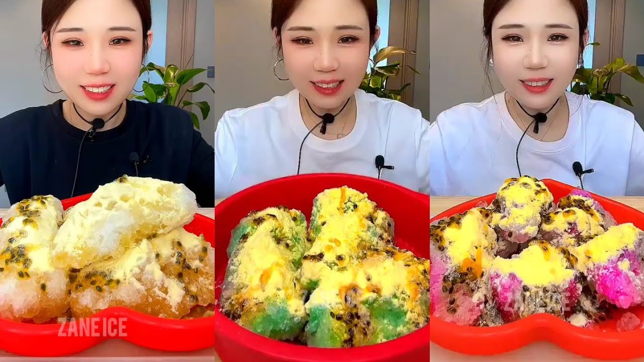 YY CRUNCHY CRYSTAL ICE CHUNKS EATING WITH MILK POWDER AND PASSION FRUIT 
