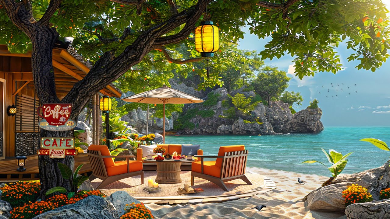 Summer Coffee Porch Ambience with Morning Beach View 🌊 Soft Jazz Instrumental Music to Work, Study