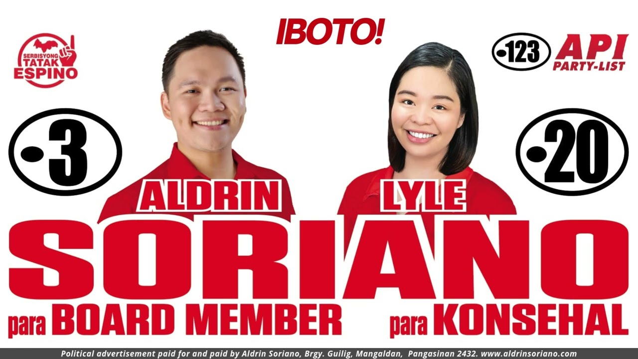 Aldrin Soriano para Board Member na Kwatro Distrito at Lyle Soriano para Konsehal na Mangaldan