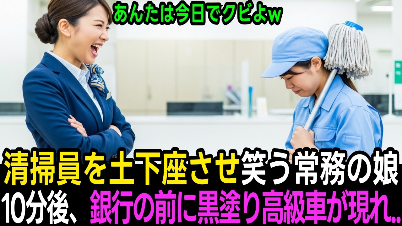 「会長でも呼びなさいよｗ」清掃員の私を泥水で土下座させた女行員→10分後、黒塗り高級車3台で本物の会長（祖父）が現れ女は絶望… | 感動する話 | スカッとする話