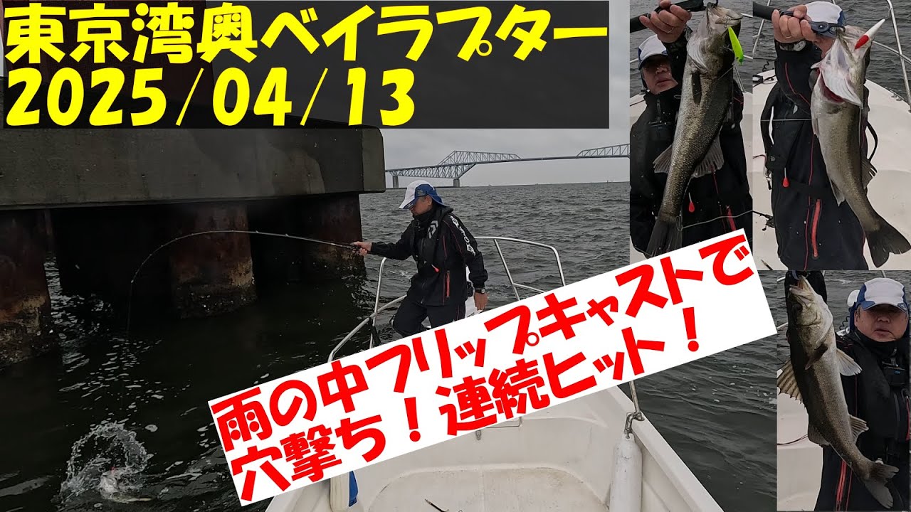 【東京湾ボートシーバス釣行記】令和７年４月１３日　天気は悪かったがフリップキャストの穴撃ち！で楽しい釣りができました。後半に連続ヒットシーンがあるので最後まで見てください。