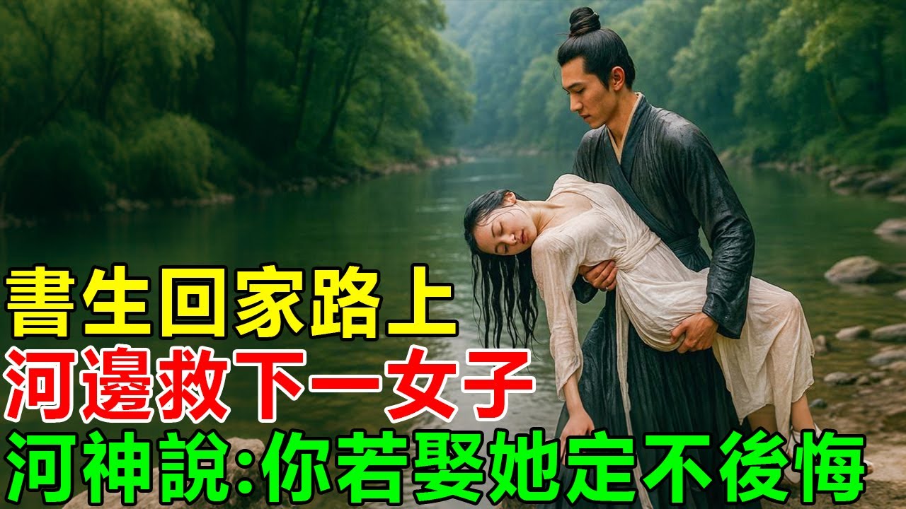 民間故事：書生回家路上，河邊救下一女子，河神說：你若娶她定不後悔