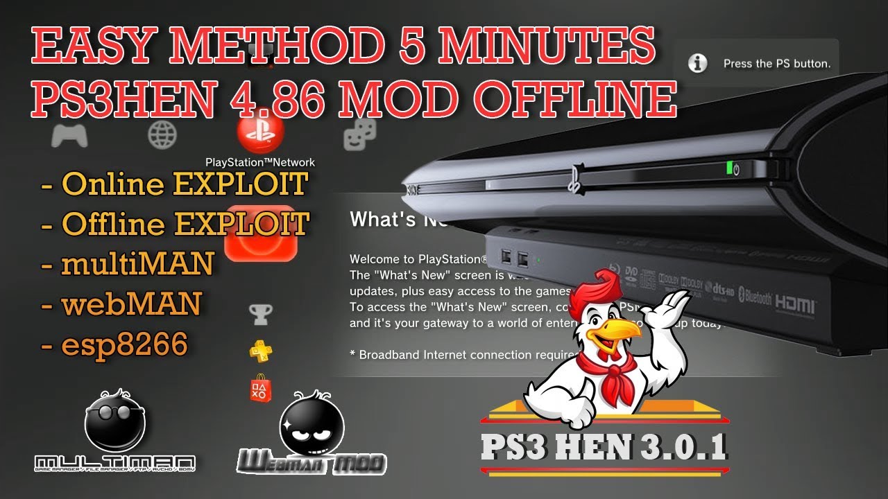 Easy method 5 minutes, Install PS3HEN 4.86 MOD offline and online. including firmware esp8266 .BIN